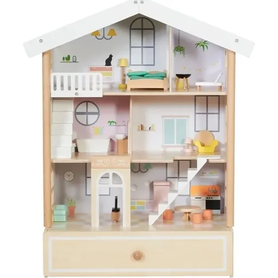 CLASSIC WORLD Dukkehus i naturligt træ, to-etagers med 2 figurer