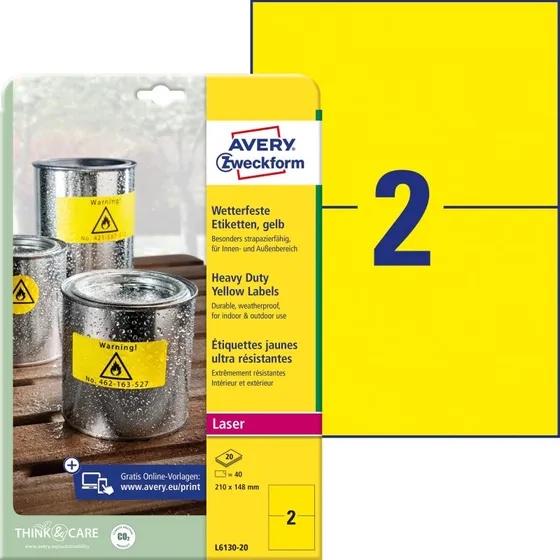 Avery L6130-20 Ekstra stærke gule folieetiketter 210x148mm (20 stk)