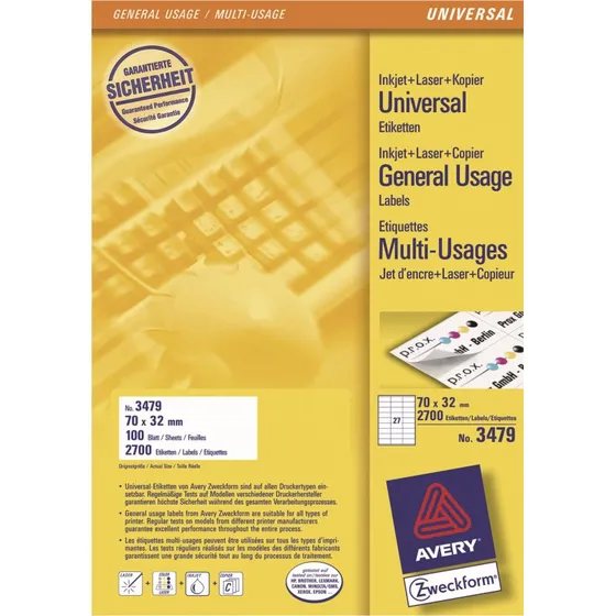 Avery Etiketter 70 x 32 mm - 2700 stk. (100 ark)