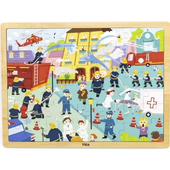 VIGA Træpuslespil – Brandmænd i ramme, 48 brikker