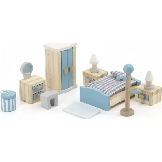 VIGA dukkehusmøbler soveværelse i træ, 8 dele (2x2x7,5 cm)