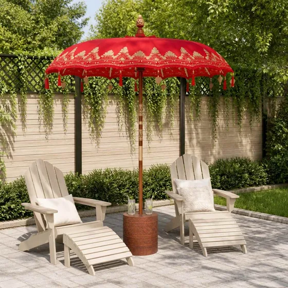 vidaXL Balinesisk parasol med base, Rød/Brun, 190 x 190 x 295 cm