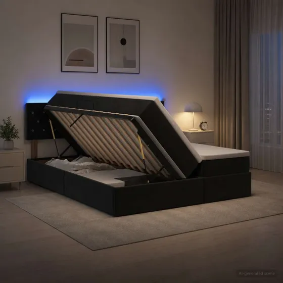 vidaXL LED opbevaringsseng med madras, sort fløjl, 180 x 200 cm