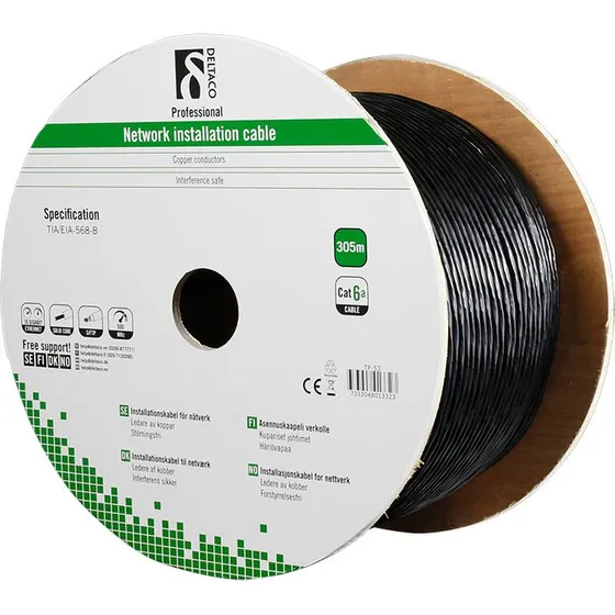 Deltaco S/FTP Cat6a Udendørs kabel 305m (solid, sort)