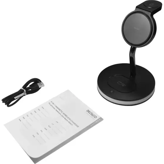 Deltaco 3-i-1 magnetisk trådløs oplader 18W – sort