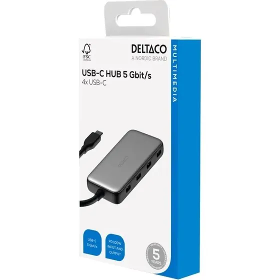 Deltaco 100W USB-C Hub, 4x USB-C – Grå