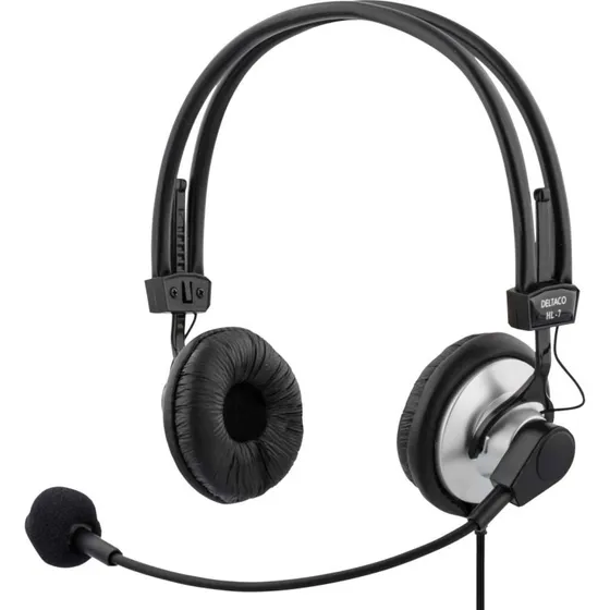 DELTACO Headset 2 m, 2x3,5 mm, boom-mikrofon, volumenkontrol