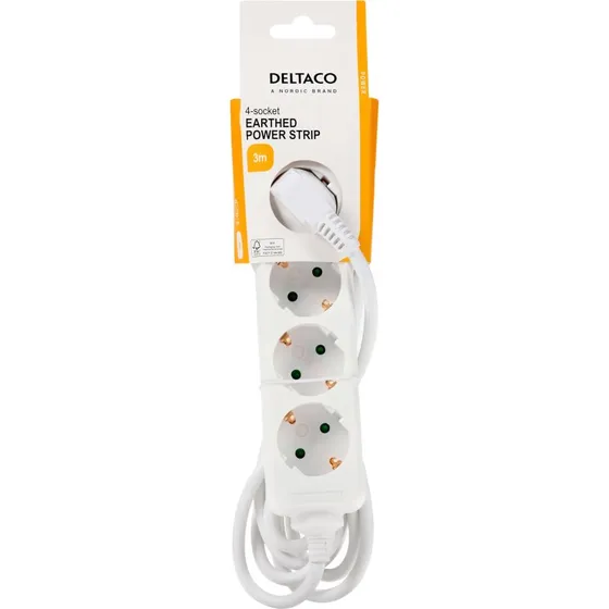 Deltaco stikdåse 4 udtag, jordet 3 m (hvid)