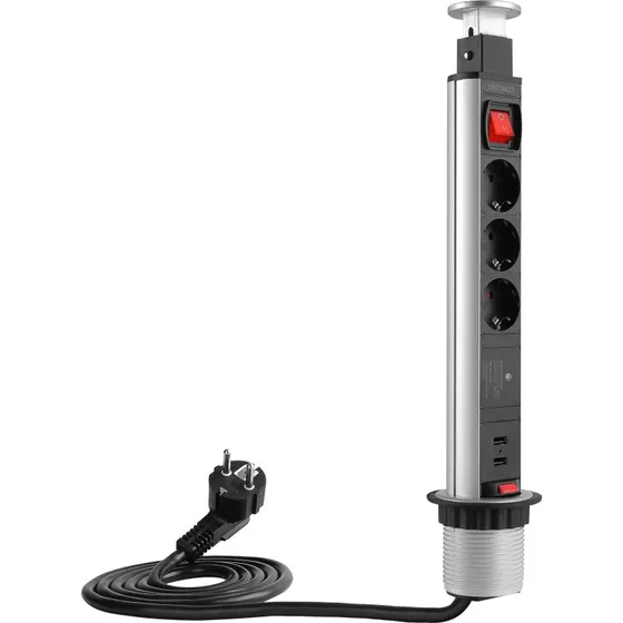 Deltaco Pop-Up stikkontakt 3x EU + 2x USB, sort/sølv