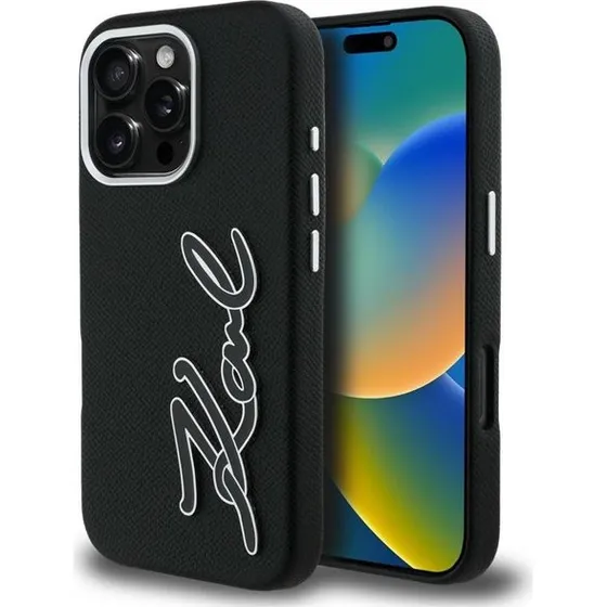 Karl Lagerfeld iPhone 16 Pro Cover - Black Grained Signature Logo