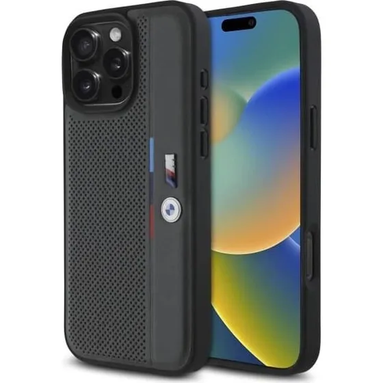 BMW iPhone 16 Pro Max Cover - Antracit med Perforeret Tricolor
