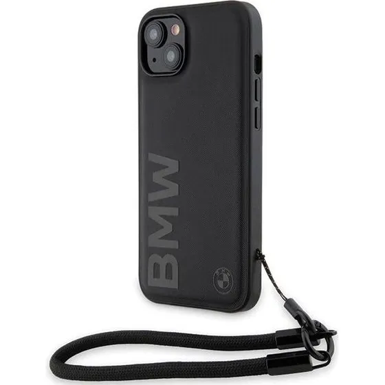 BMW Signature Leather Wordmark Cord Case til iPhone 15/14 Plus - Sort