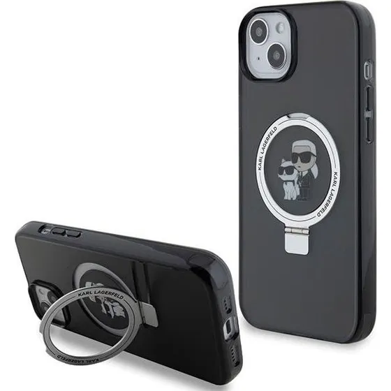Karl Lagerfeld iPhone 15 Plus MagSafe Ring Stand Cover - Black