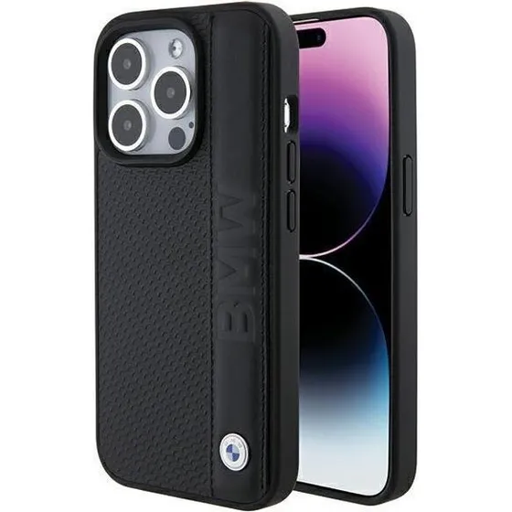 BMW iPhone 15 Pro Max Case - Leather Textured & Stripe Black