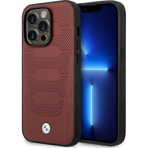 BMW iPhone 14 Pro Cover - Burgundy Leather Seats Pattern MagSafe