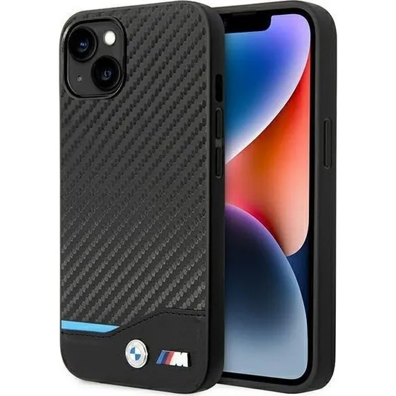 BMW iPhone 14 Plus Etui - Black Leather Carbon