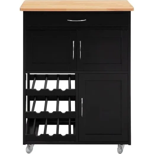 SoBuy Køkkenvogn med hjul, skuffer og vinhylde - Sort 67x38x87cm