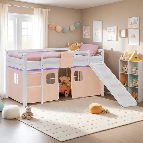 Home Loftseng med rutsjebane og gardin, Hvid, 207,5x110x217,5 cm