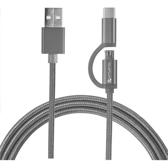 4smarts 2-i-1 Micro USB og USB-C kombi-kabel, 2m, Grå