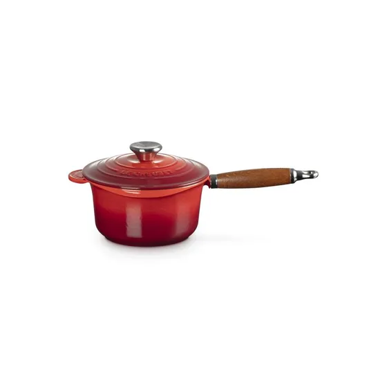 Le Creuset 18 cm kasserolle i støbejern med træhåndtag