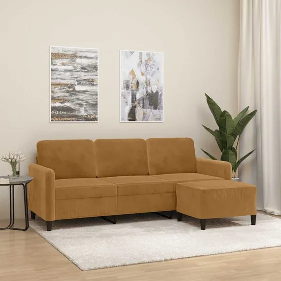 vidaXL 3-personers sofa med fodskammel i brun velour, 180 cm