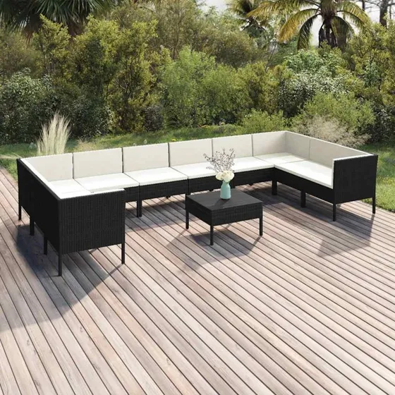 vidaXL Loungesæt til haven 11 dele med hynder, sort polyrattan