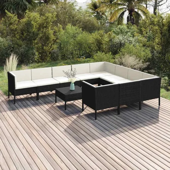 vidaXL Loungesæt til haven 11 dele med hynder, sort polyrattan
