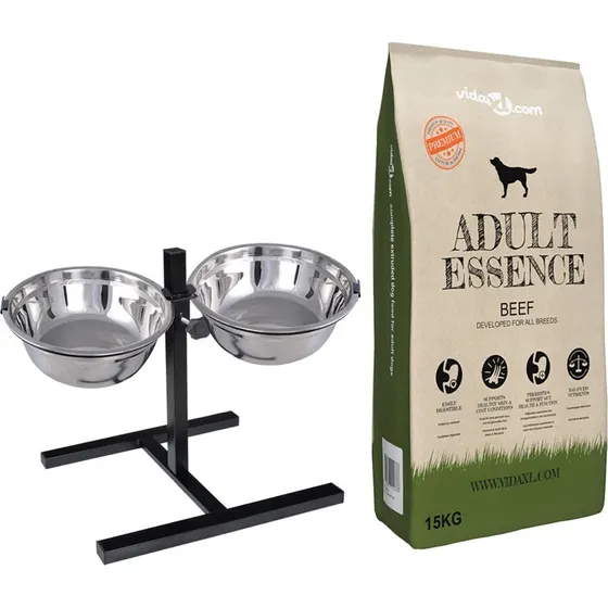 vidaXL Fodringsstativ med 2 skåle og 15 kg hundefoder, Sølv/Sort