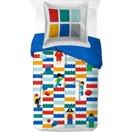 LEGO Junior sengetøj i 100% bomuld - 100x140 cm - Blå/Hvid