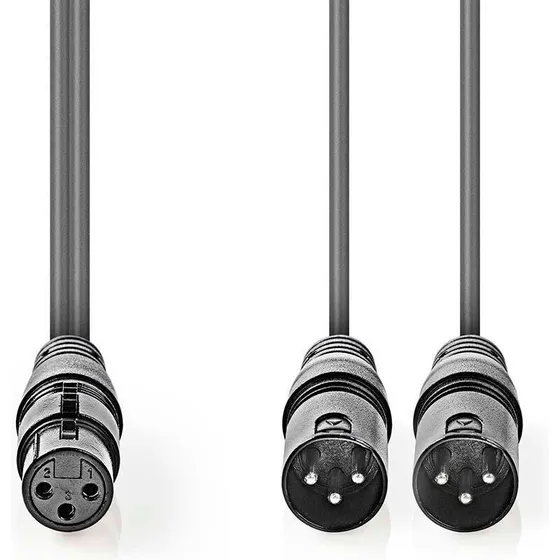 Nedis XLR-kabel 1,5 m 2x 3-pin han → 1x 3-pin hun, mørkegrå