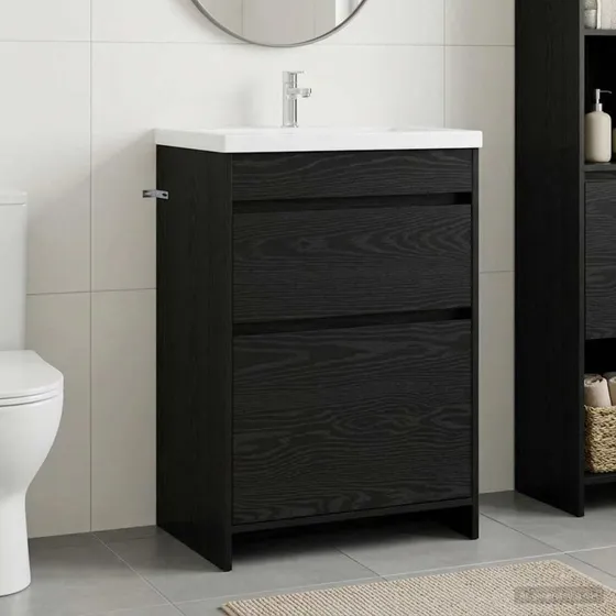 vidaXL Badeværelse Under Vask Skab Sort Eg 56 x 37,5 x 81 cm