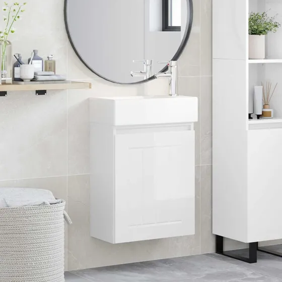 vidaXL Badeværelses Vanity-enhed med Armatur, Hvid Højglans, 45,5x25,5x84 cm