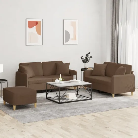 vidaXL Sofasæt 3 dele med puder og fodskammel - Brun