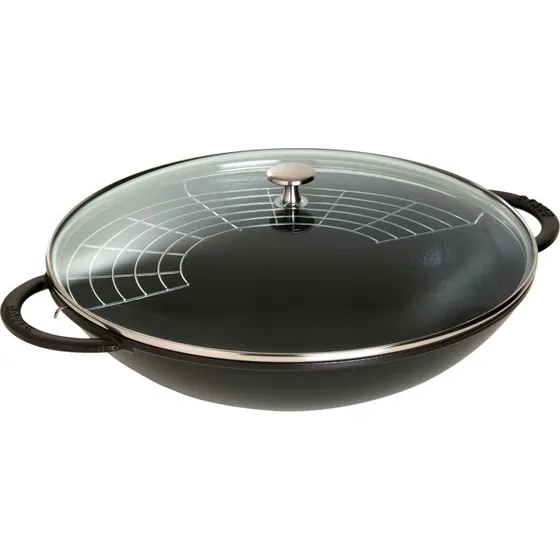 Staub Wok med glaslåg 37 cm, sort støbejern