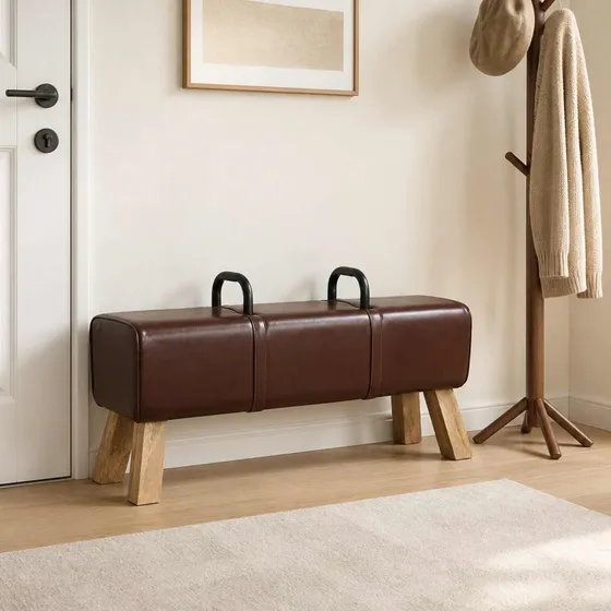 vidaXL Bænk i ægte læder og mangotræ, Mørk Brun, 110 x 30 x 45 cm