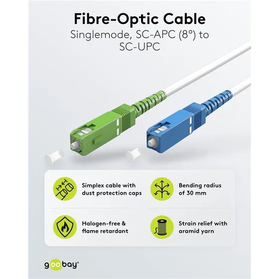 Goobay FTTH fiberkabel OS2 singlemode 1 m SC-APC/SC-UPC hvid