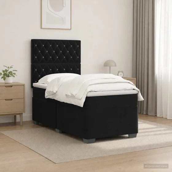 vidaXL Boxmadras med topmadras og hovedgærde, Sort Fløjl, 90x200 cm