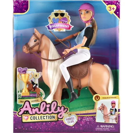 Anlily dukke med brun springhest og rideudstyr - 32 cm