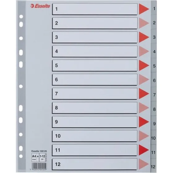 Esselte A4 Maxi register 1-12 m/forblad, grå (10 stk)