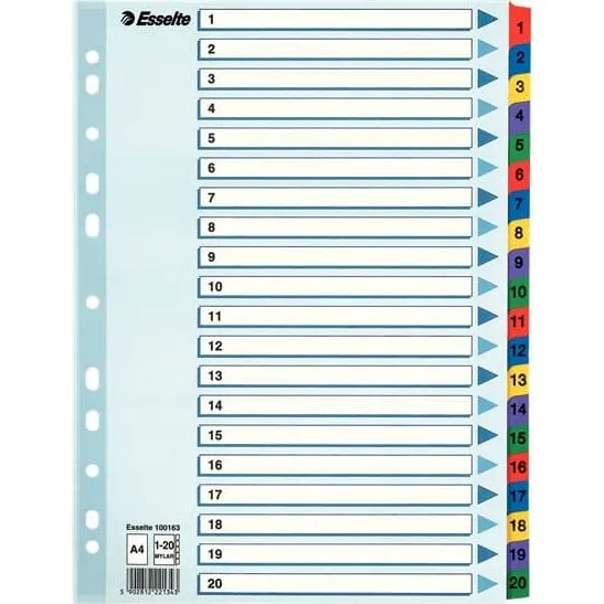 Esselte Mylar A4 register 1-20 – 20 farvede faner, 11 huller