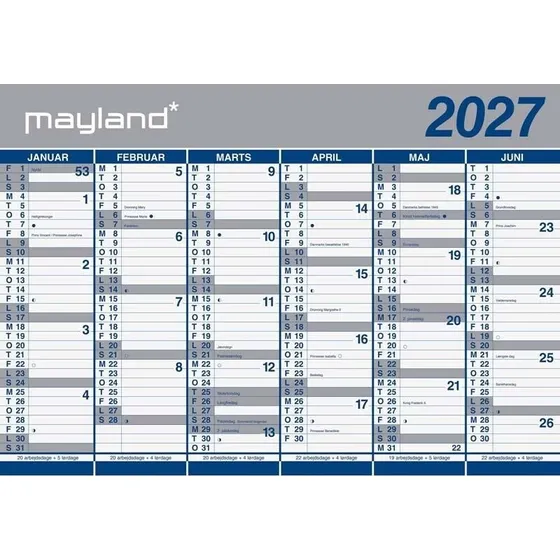 Mayland Kæmpekalender 2027 - 2x6 mdr. vægkalender 70x100 cm