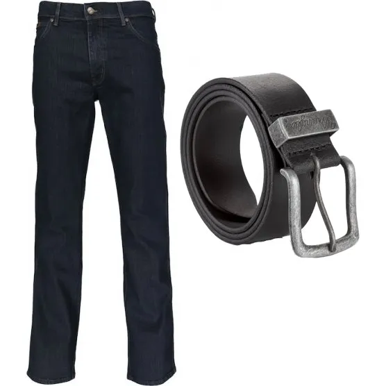 Wrangler Texas Stretch Jeans Blueblack med læderbælte 34W/32L