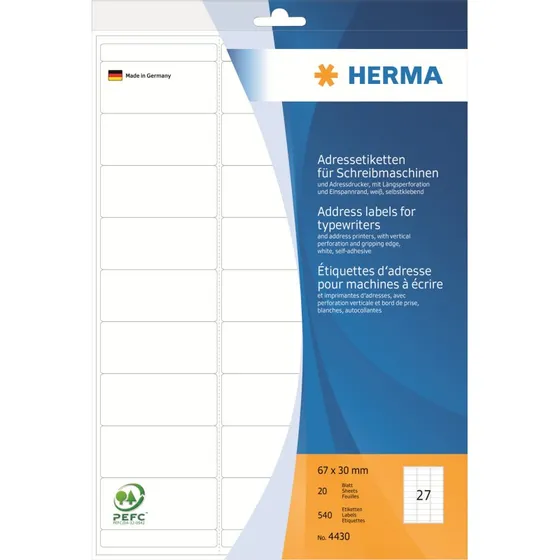 HERMA Adresseetiketter 30 x 67 mm - 540 stk. (Hvid)