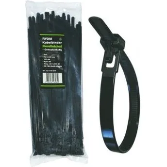 Ryom 100 genoplukkelige kabelbindere 7,2x300 mm - sort