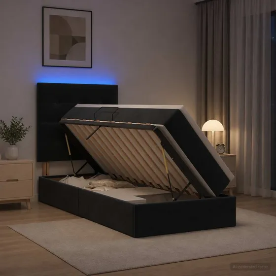 vidaXL LED Opbevaringsseng med madras, Sort Fløjl, 90x200 cm