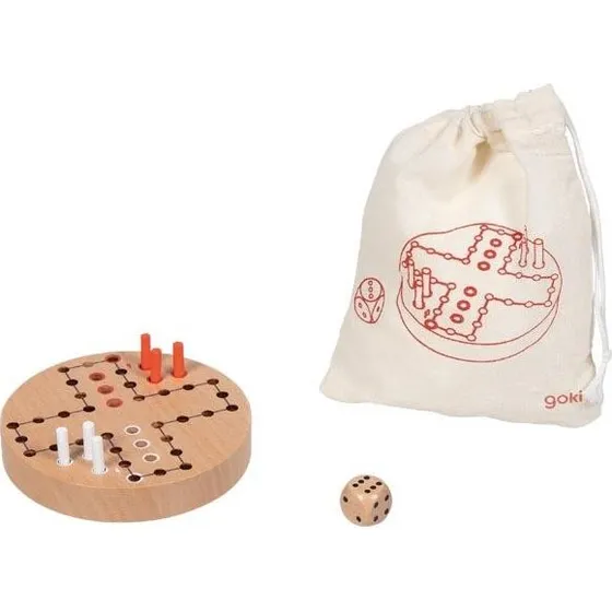 Goki Ludo Brætspil i Træ med Bomuldspose - Mini