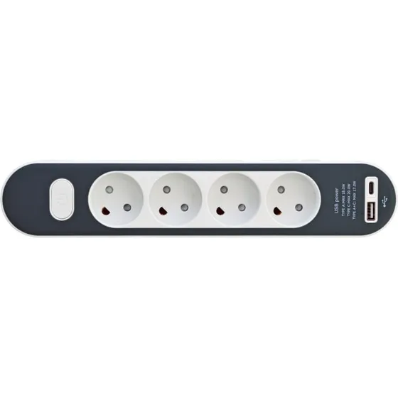E-Line stikdåse 4-vejs med afbryder og USB A+C, 1,4 m