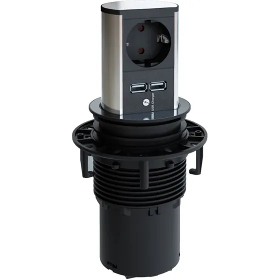 ELEVATOR Pop-up stikkontakt 1x Schuko + 2x USB 2,15A – stållook
