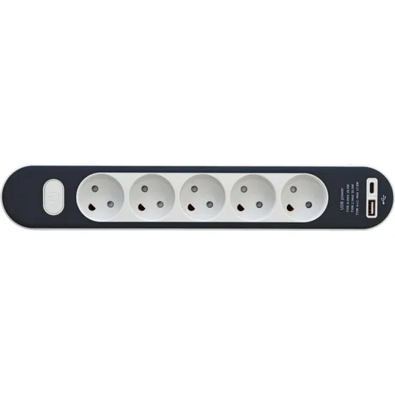 E-Line Stikdåse 5-vejs med afbryder og USB A+C, 1,4 m