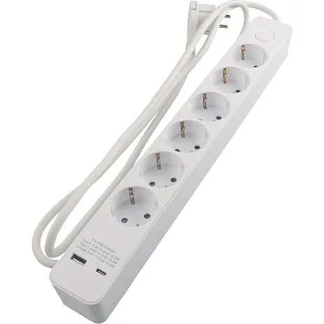 Schuko stikdåse 6 udtag + USB A+C, 1,5 m – hvid